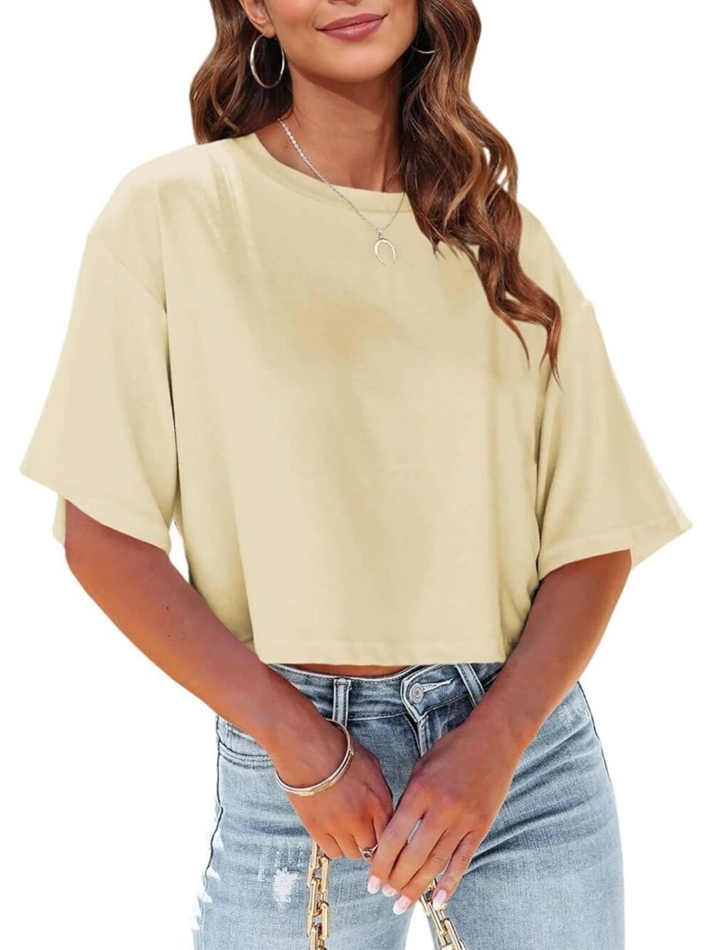 Women's Beige Crew Neck Half Sleeves Loose Fit Casual Pull On Basic Tees Shirts